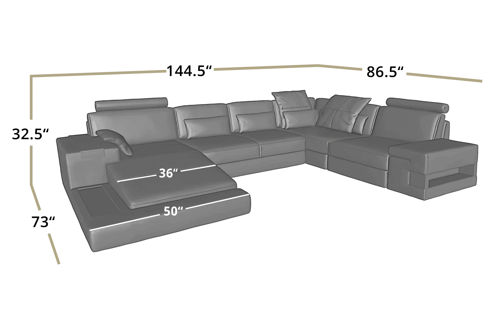 IN-STOCK Los Angeles Buffalo Full-Leather U-Chaise Sectional with 2 reclining seats - UNBOXED