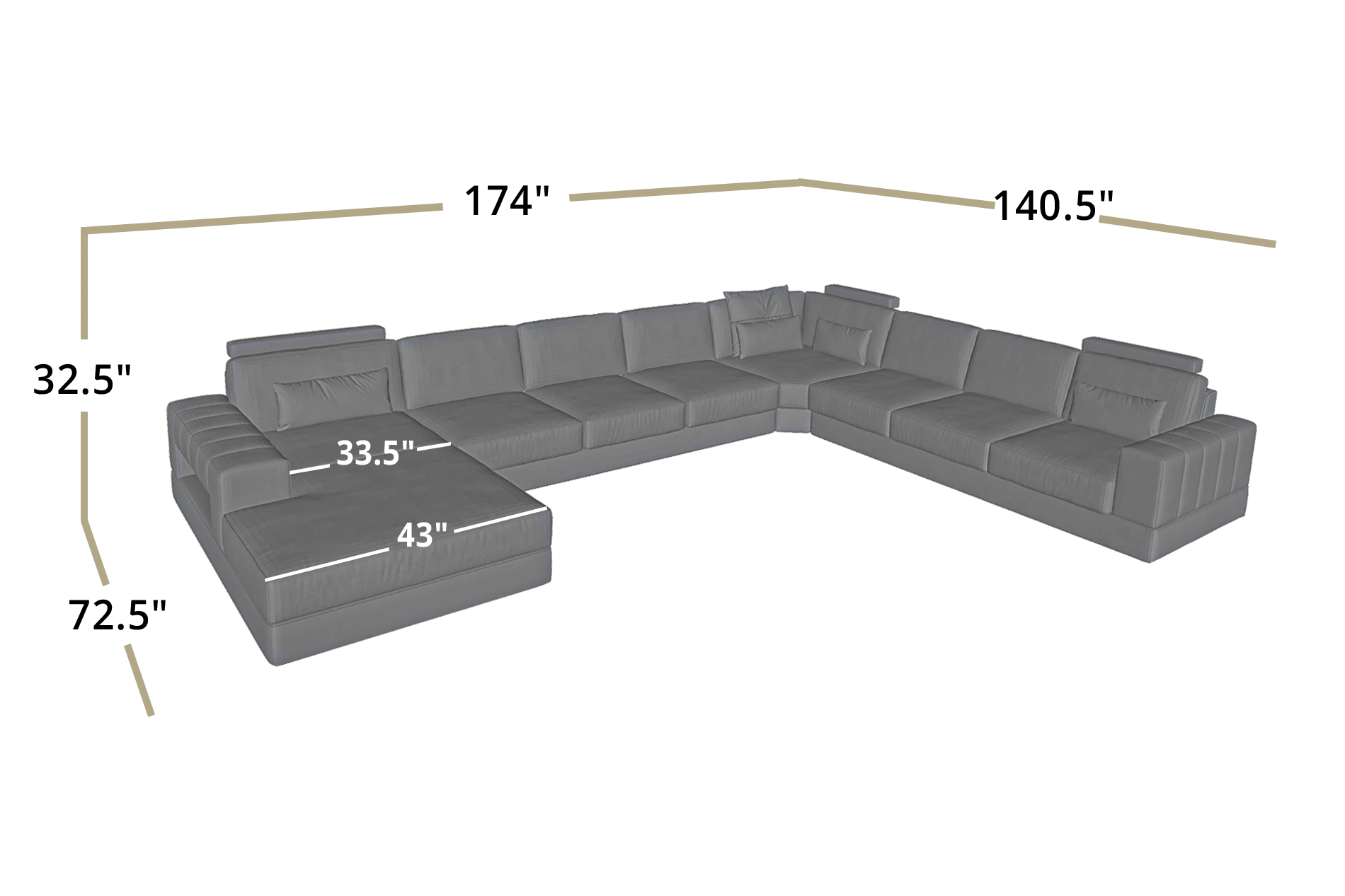 Phoenix LG Modern Leather U-Chaise Sectional Large