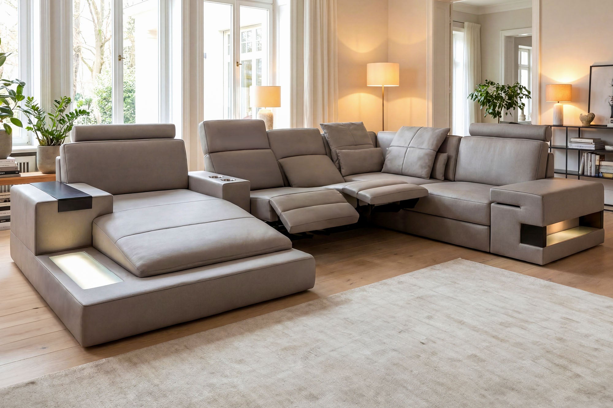 IN-STOCK Los Angeles Buffalo Full-Leather U-Chaise Sectional with 2 reclining seats - UNBOXED