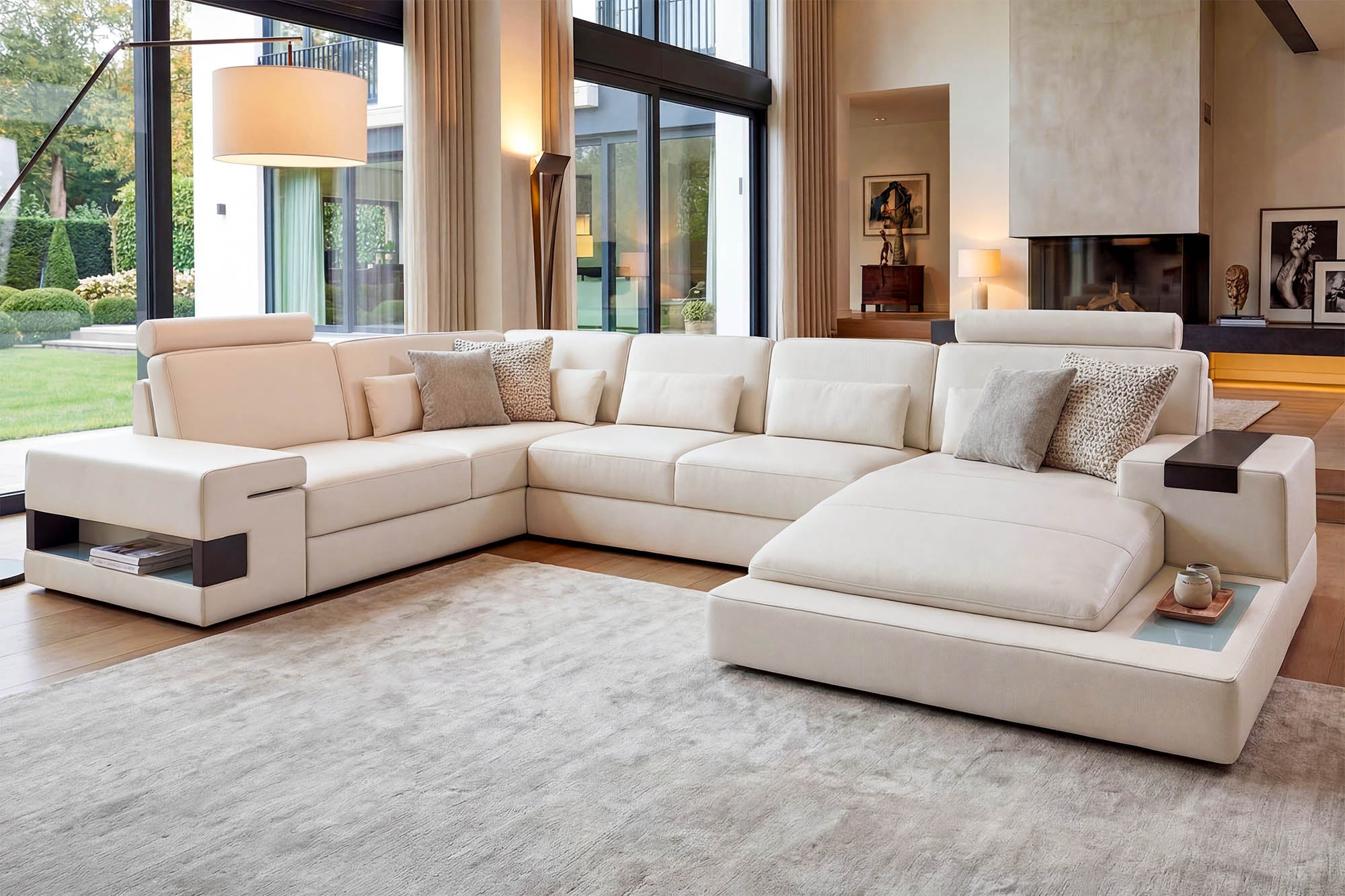 IN-STOCK Los Angeles Buffalo Full-Leather U-Chaise Sectional with 2 reclining seats - UNBOXED