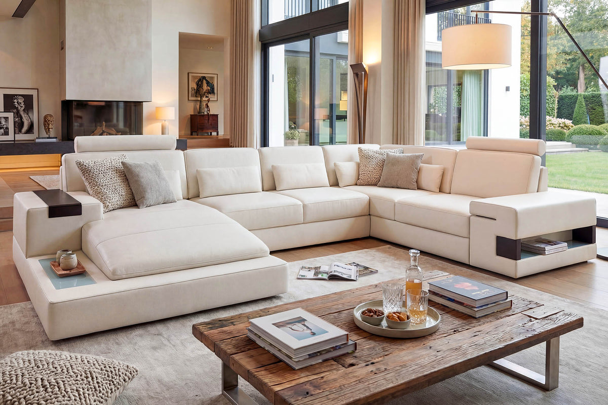 IN-STOCK Los Angeles Leather U-Chaise Sectional with 1 Recliner - UNBOXED