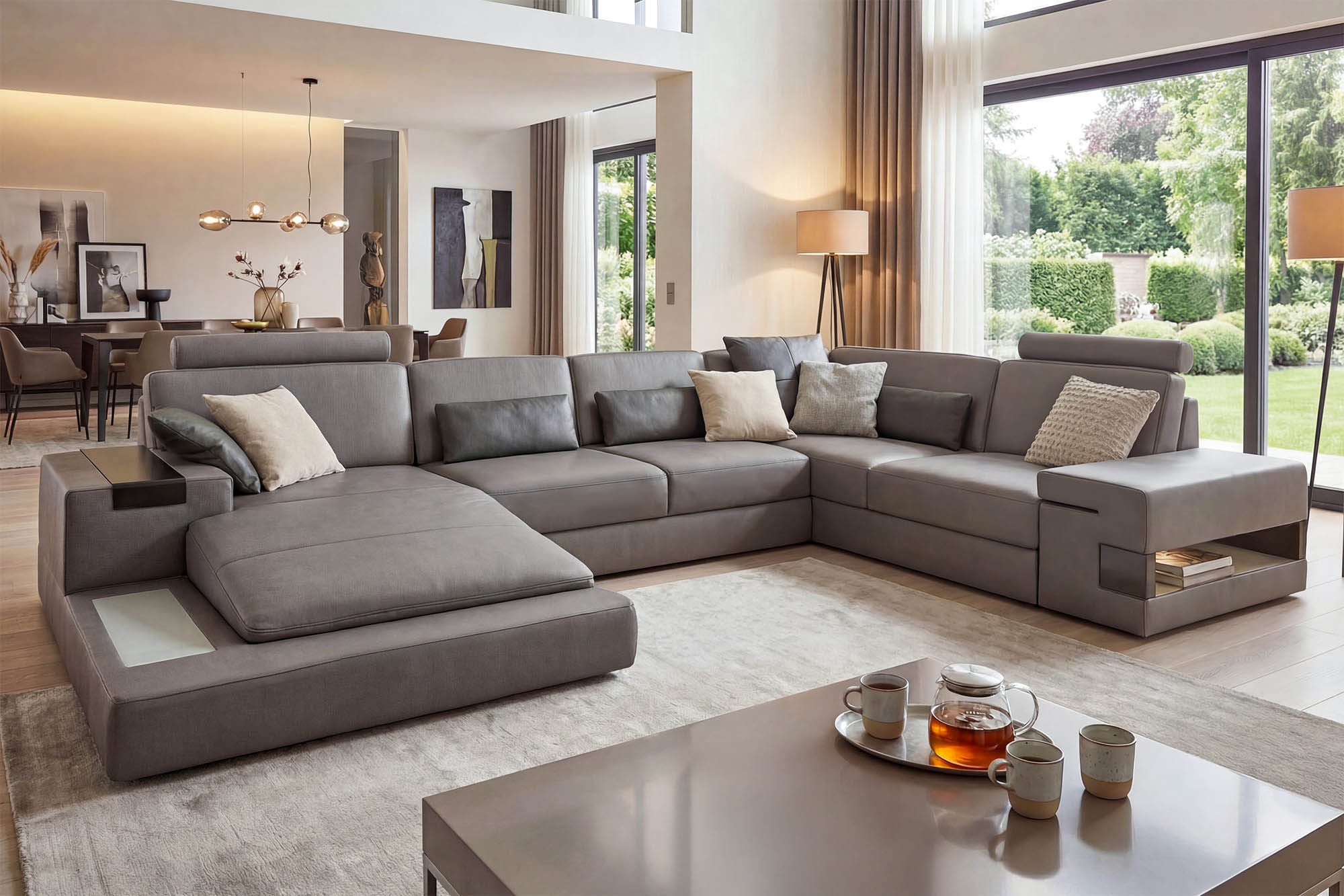 IN-STOCK Los Angeles Buffalo Full-Leather U-Chaise Sectional with 2 reclining seats - UNBOXED
