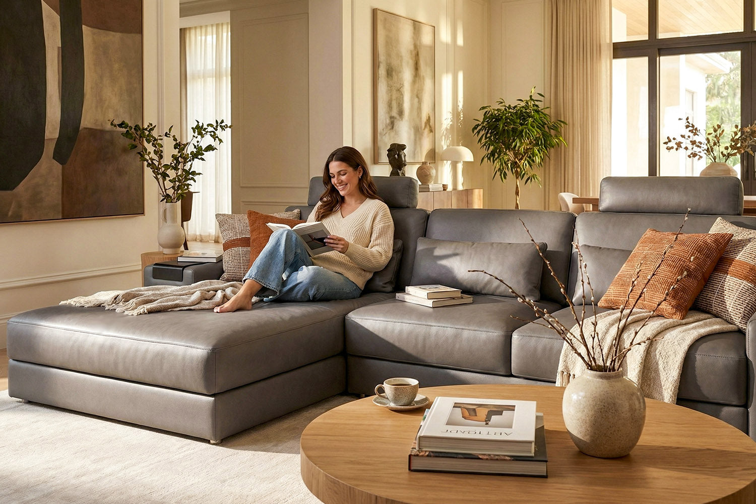 Los Angeles III Modern Leather Chaise Sofa