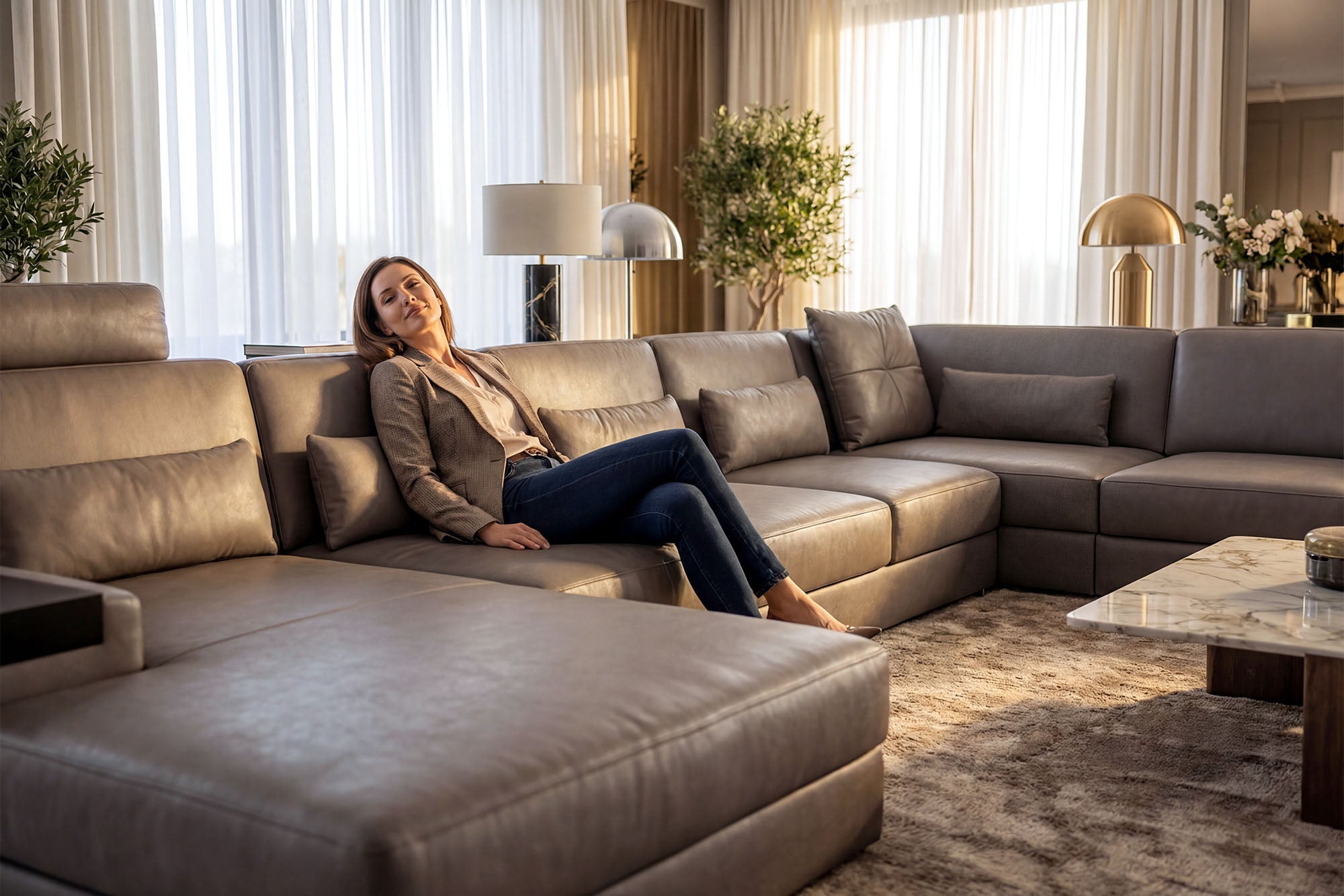 Los Angeles LG Modern Leather U-Chaise Sectional Large