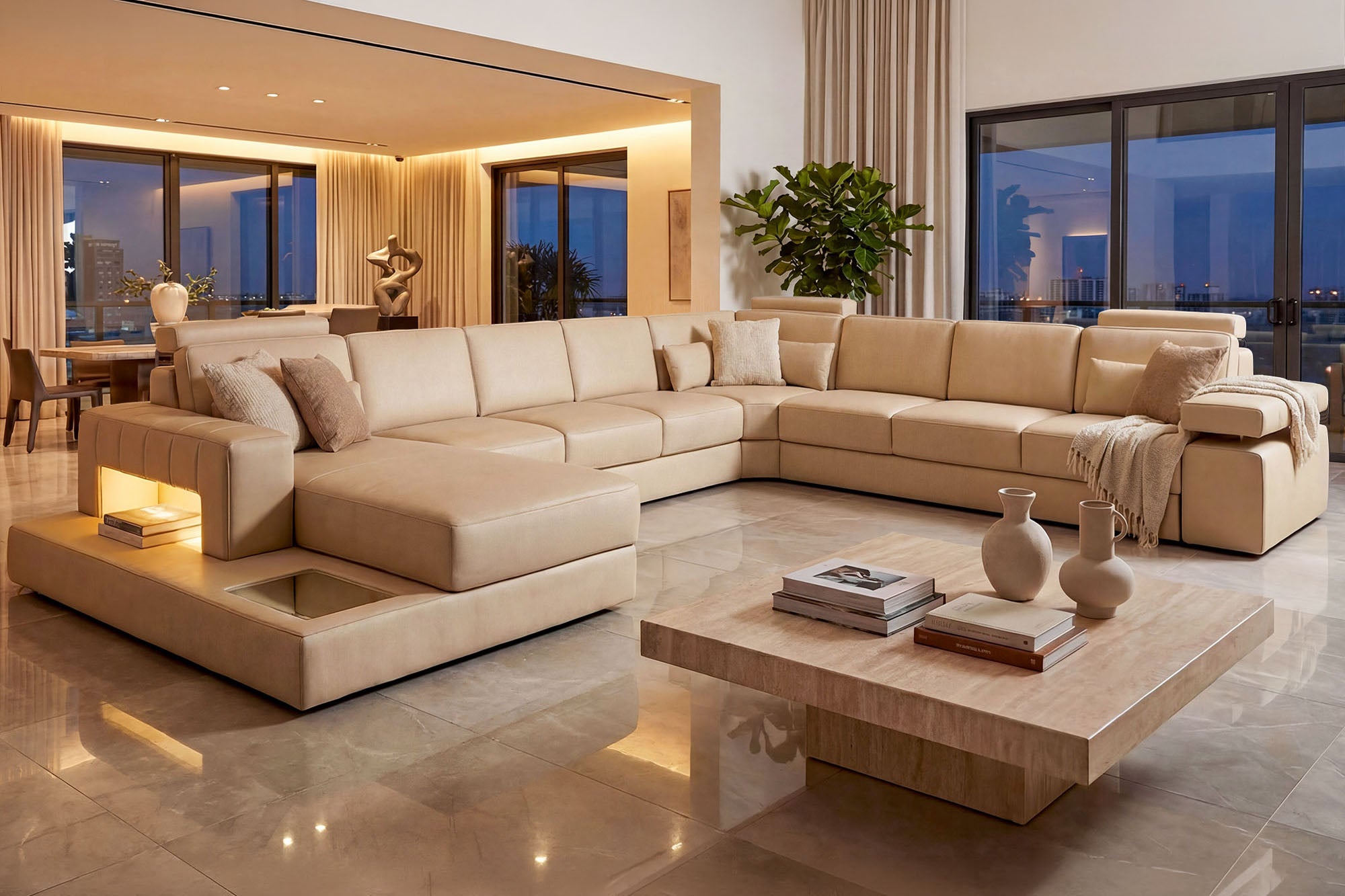 Phoenix LG Leather U-Chaise Sectional Large