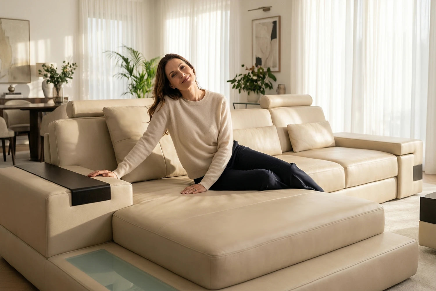 IN-STOCK Los Angeles III-LG Leather Chaise Sectional with Sleeper and Recliner - UNBOXED
