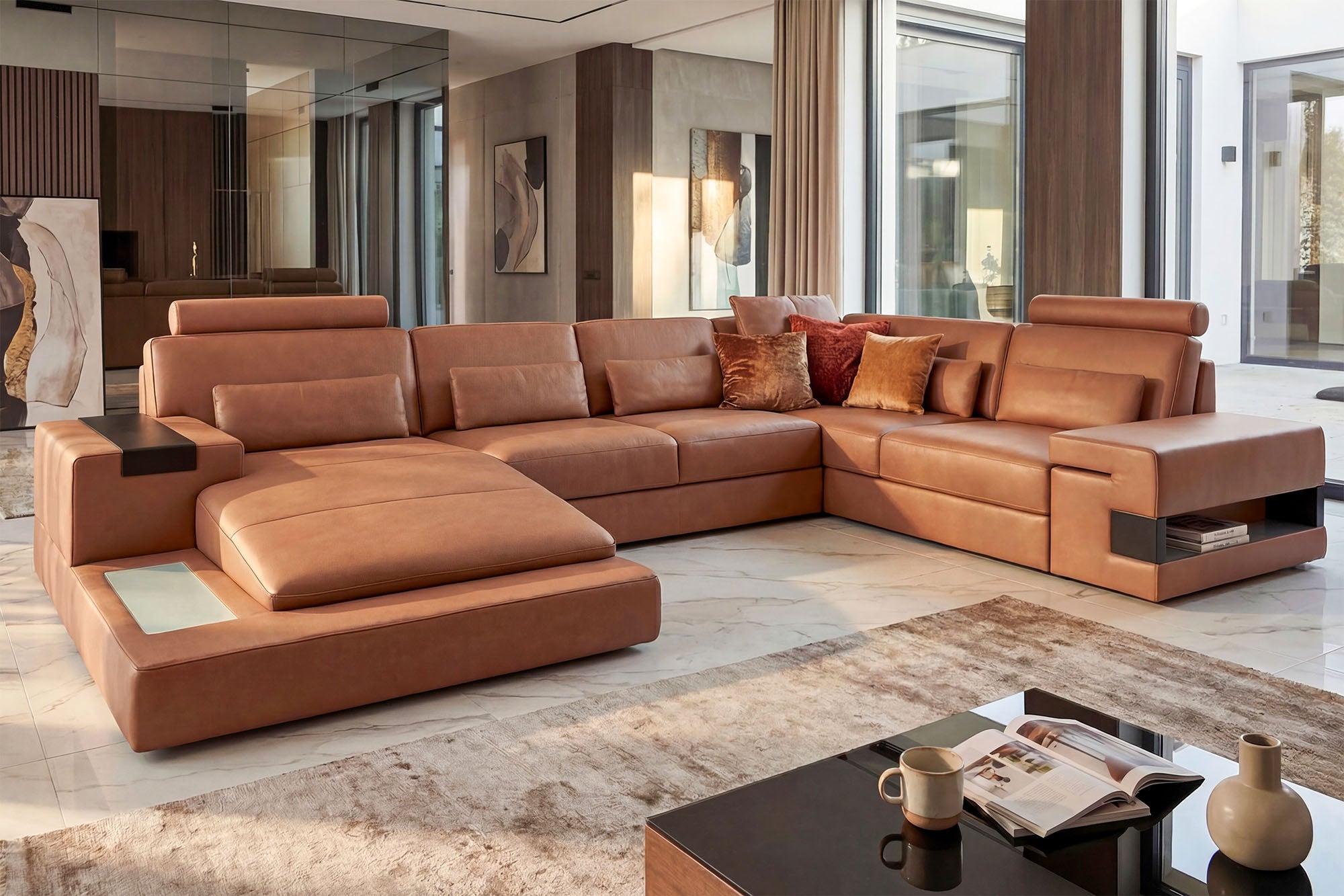 IN-STOCK Los Angeles Leather U-Chaise Sectional with 2 Reclining Seats