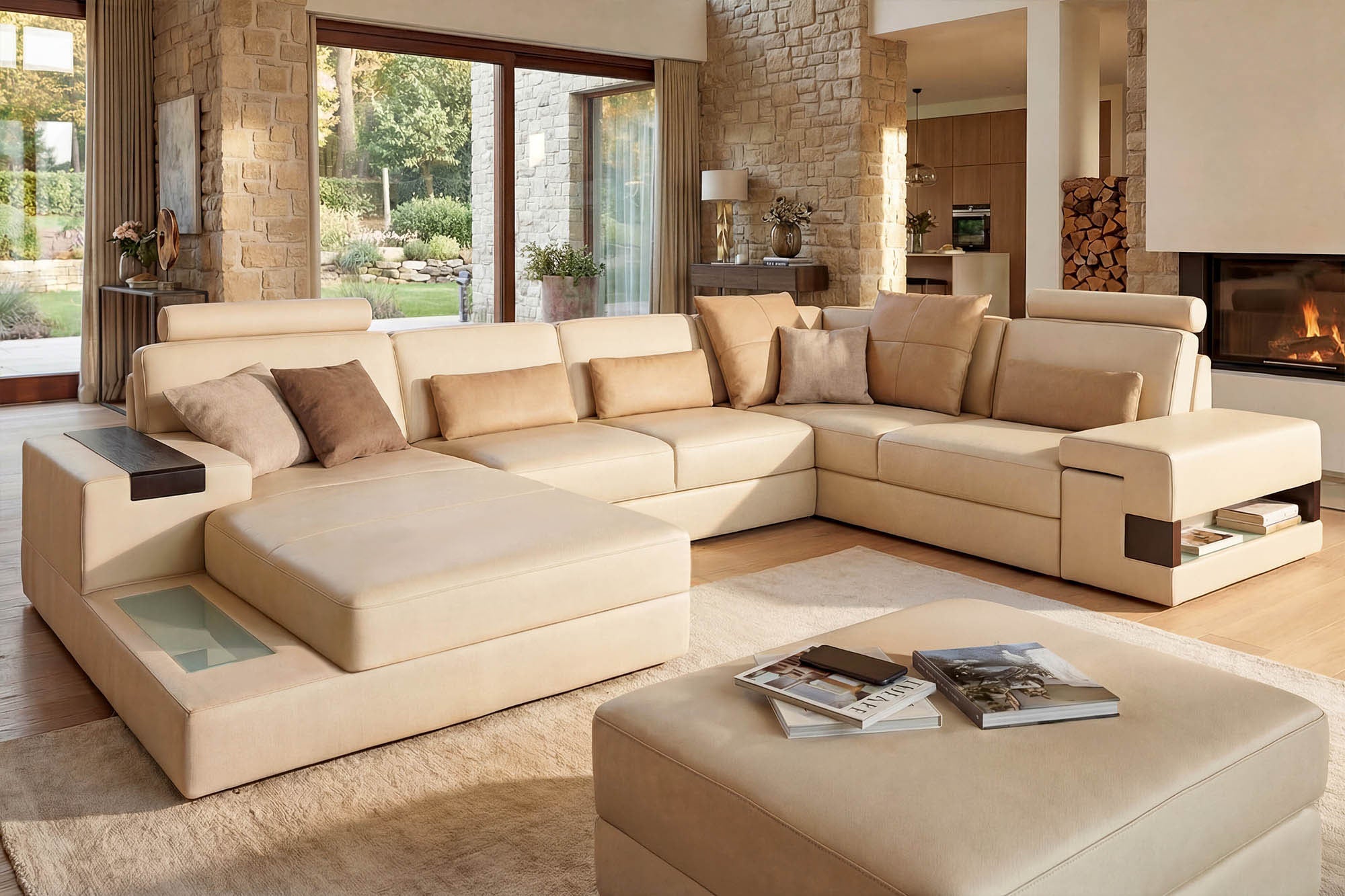 IN-STOCK Los Angeles Leather U-Chaise Sectional with 2 Reclining Seats