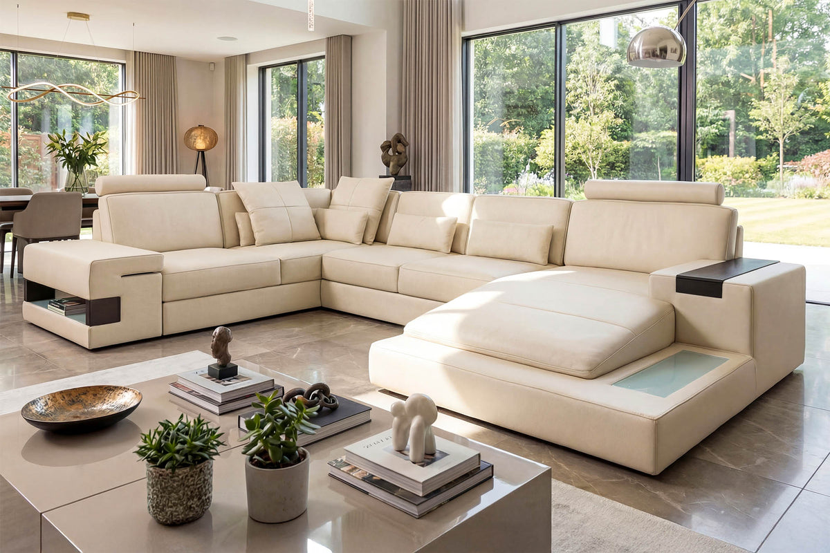 IN-STOCK Los Angeles Leather U-Chaise Sectional with 1 Recliner - UNBOXED