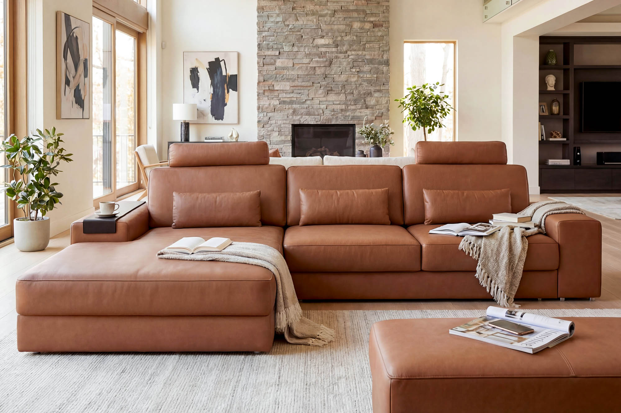 Los Angeles III Modern Leather Chaise Sofa
