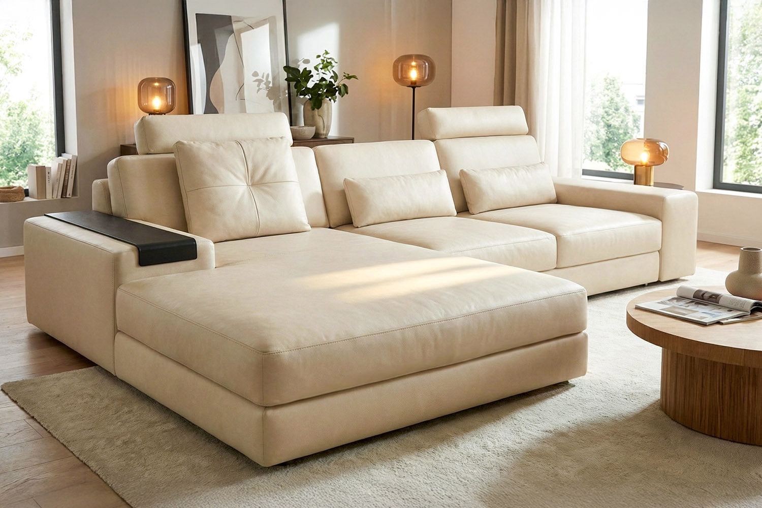 Los Angeles III Modern Leather Chaise Sofa