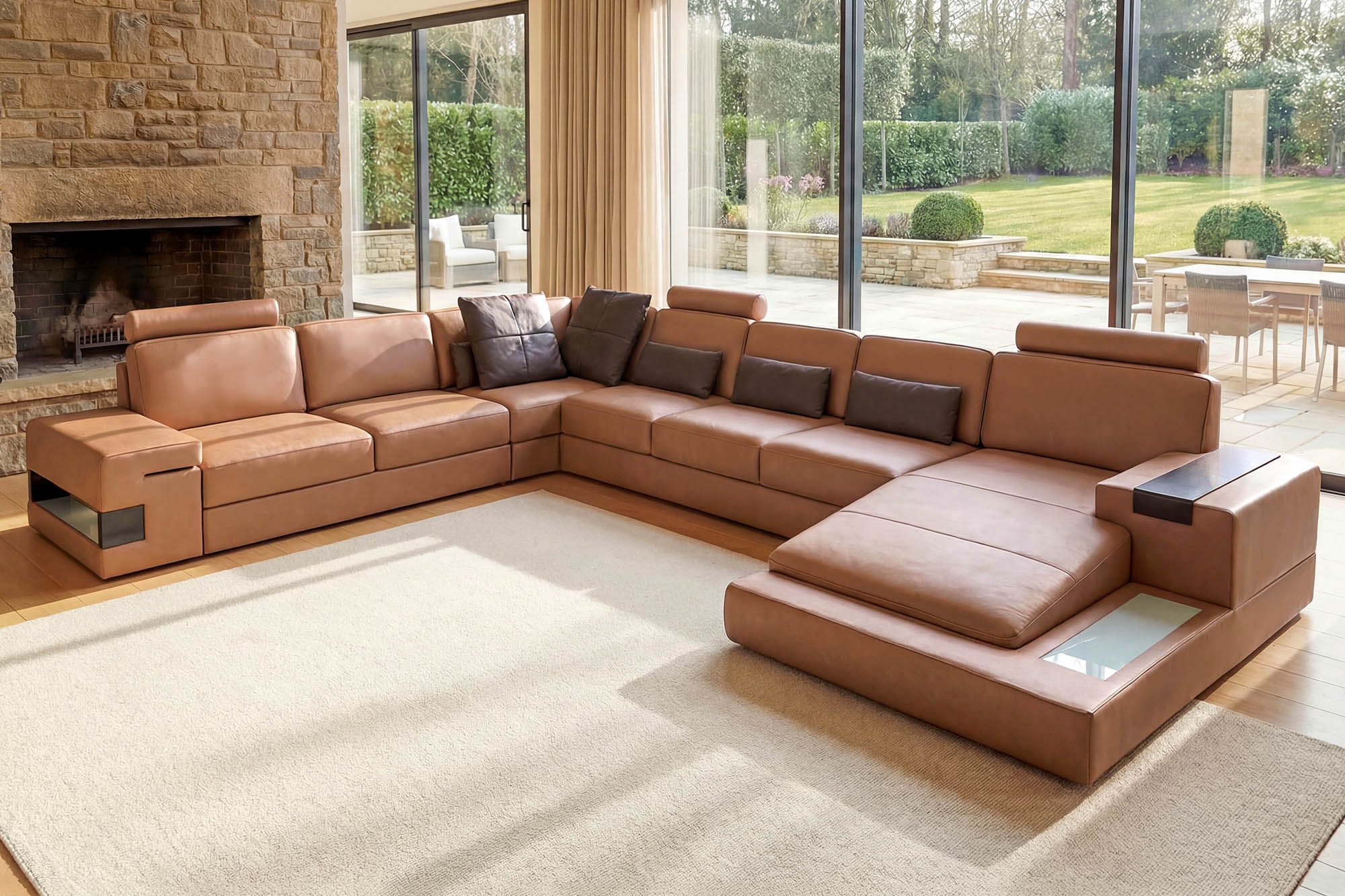 IN-STOCK Los Angeles LG Leather U-Chaise Sectional Large with 3 Recliners - UNBOXED