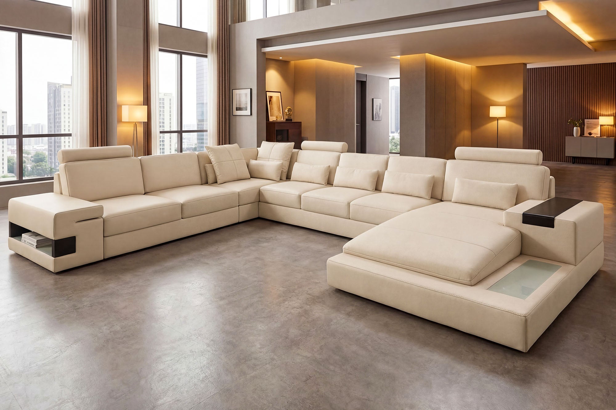 IN-STOCK Los Angeles LG Leather U-Chaise Sectional Large with 3 Recliners - UNBOXED