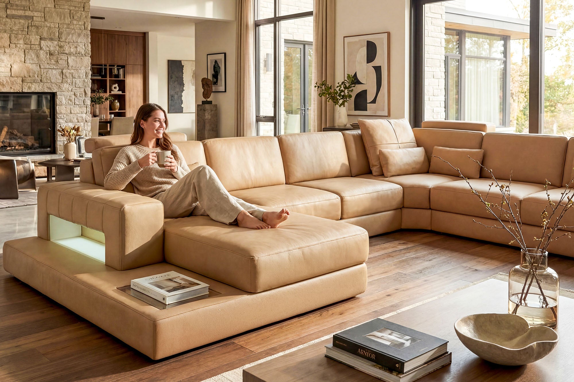 Phoenix LG Leather U-Chaise Sectional Large