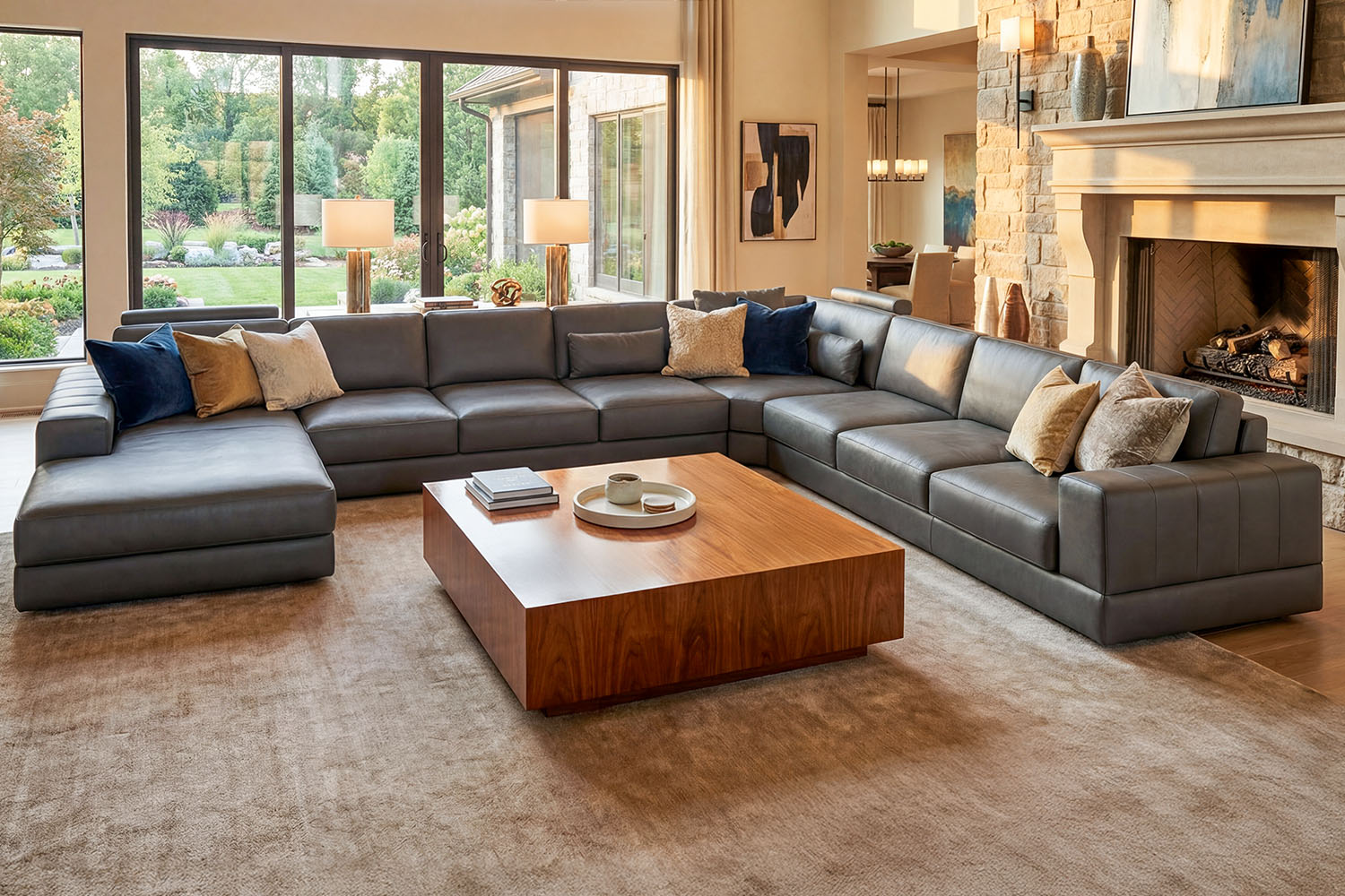 Phoenix LG Modern Leather U-Chaise Sectional Large